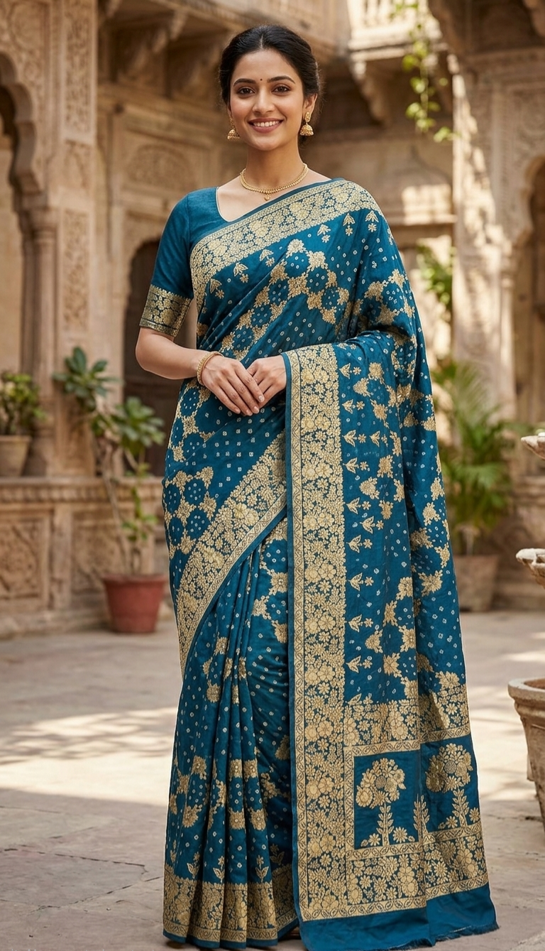 Meenakshi collection 

Fabric : Dupian Silk Sari
Bandini tie and dye from Rajasthan 
Benarasi Dupian silk from Varanasi 
Stitched blouse 
38 to 42 size