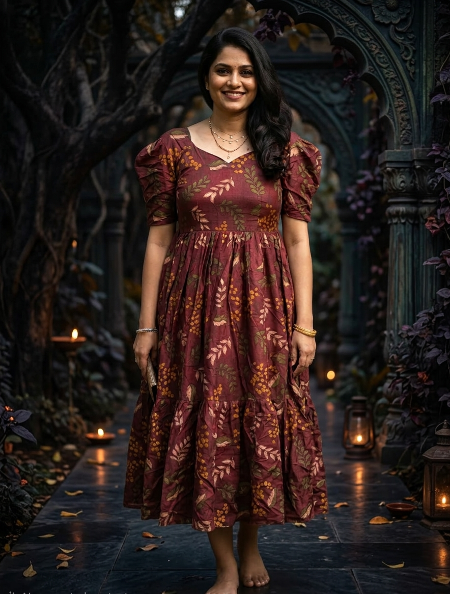 Floral printed dress in rust brown color , fully lined and one side pocket 
Summer dress
