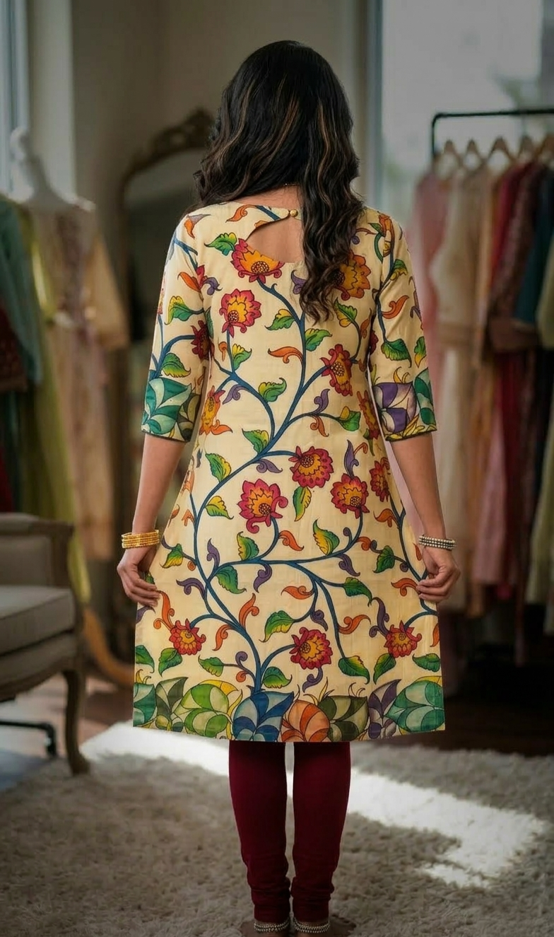 Pen Kalamkari which is Handpainted on cotton silk
Kurti