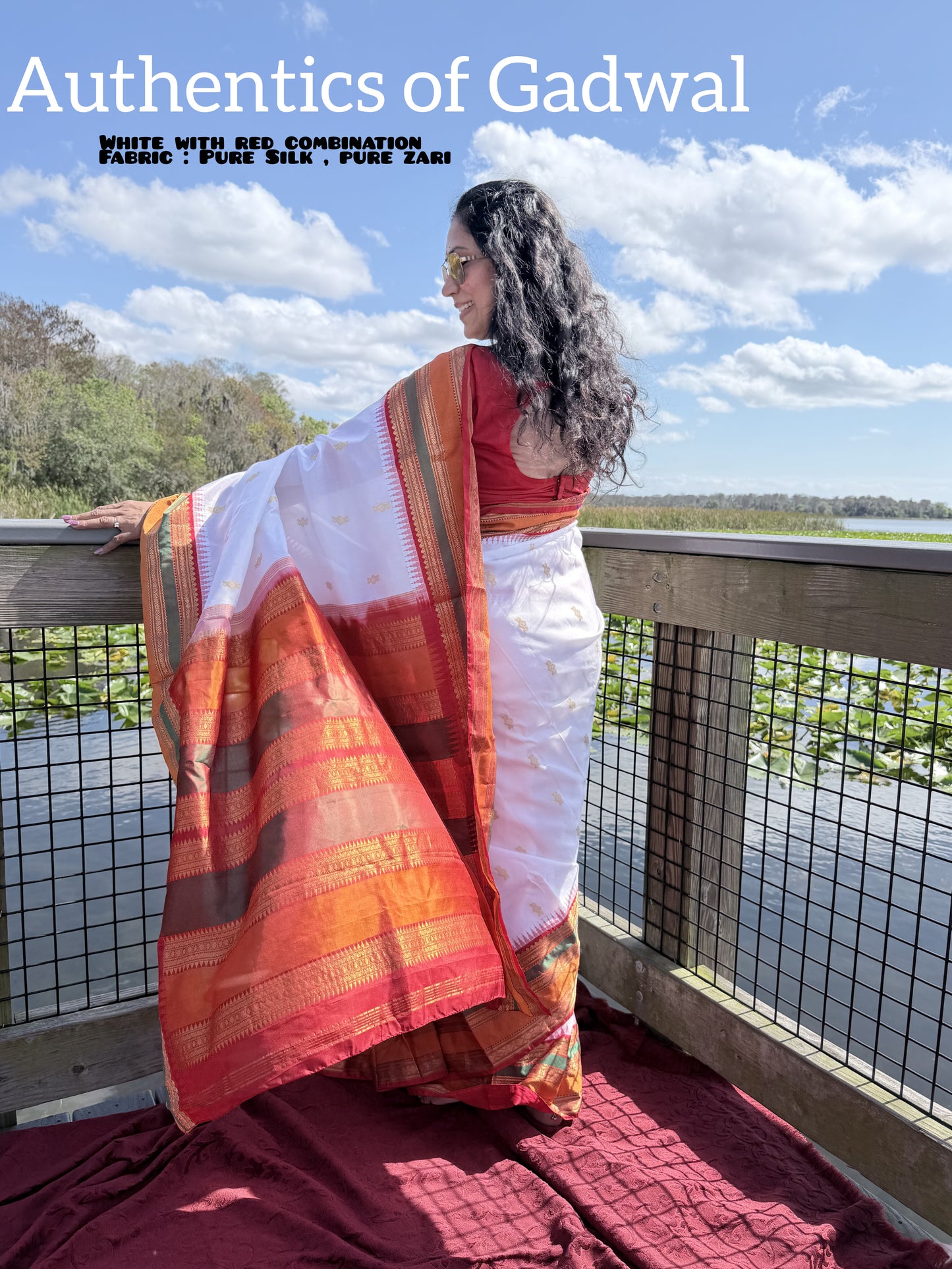Authentics of Gadwal
White with red combination 
Fabric : Pure Silk , pure zari 
Handloom
Sari with blouse stitched to size 38 - 42 inches bust