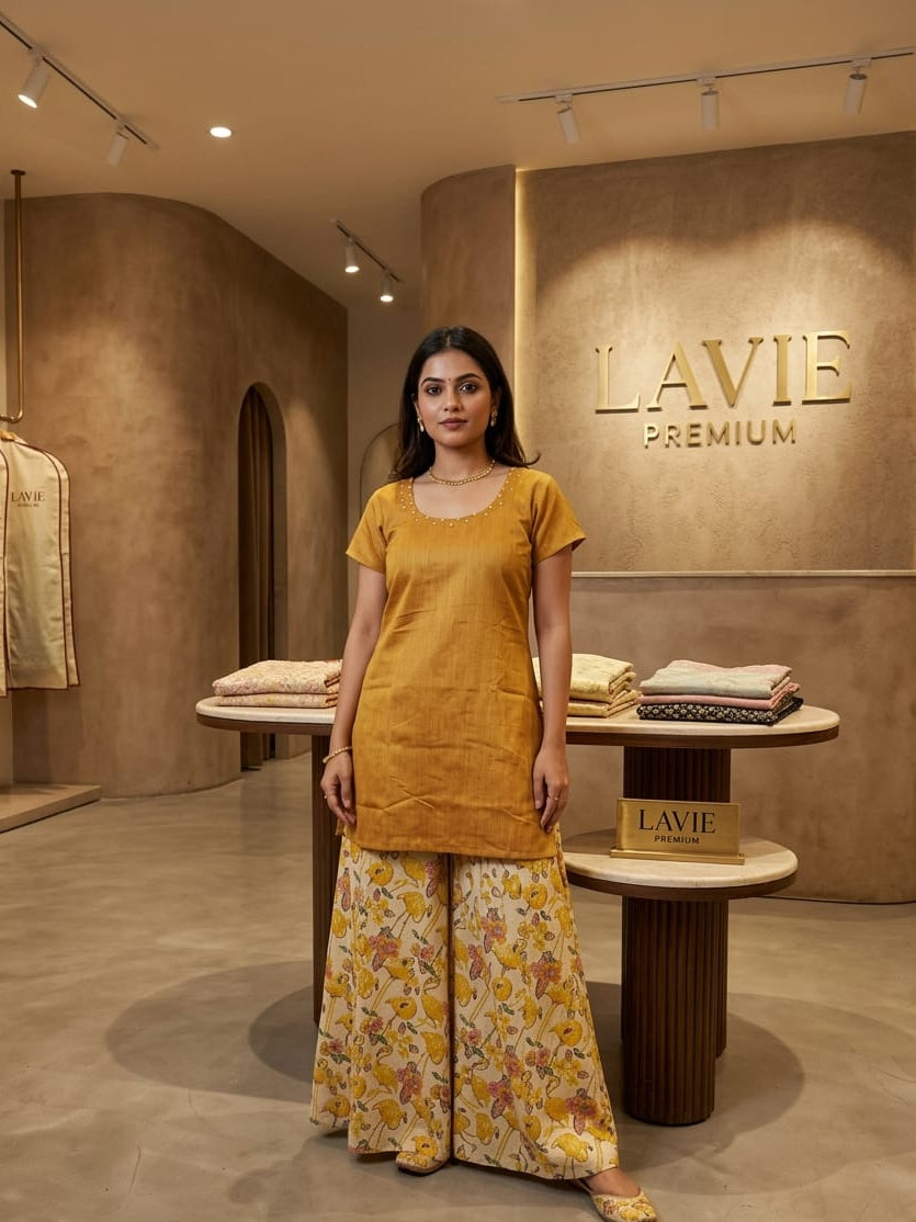 Lavie Premium
Fabric : Kalamkari cotton
Lavie designed this fabric from scratch.
Flamingo screen printed on Kalamkari cotton 
Took 3 months to weave 
Sharara set with had embroidery kurtha
