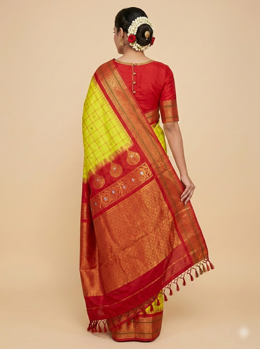 Authentics of Gadwal
Greenish yellow to red  combination 
Stone studded earring inspiration weaving 
Fabric : Pure Silk , pure zari 
Handloom
Sari with blouse stitched to size 38 - 42 inches bust