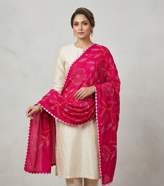 “Noor” Rai Bandhej Duppatta 
Gajji silk fabric 
Tie and Dye and