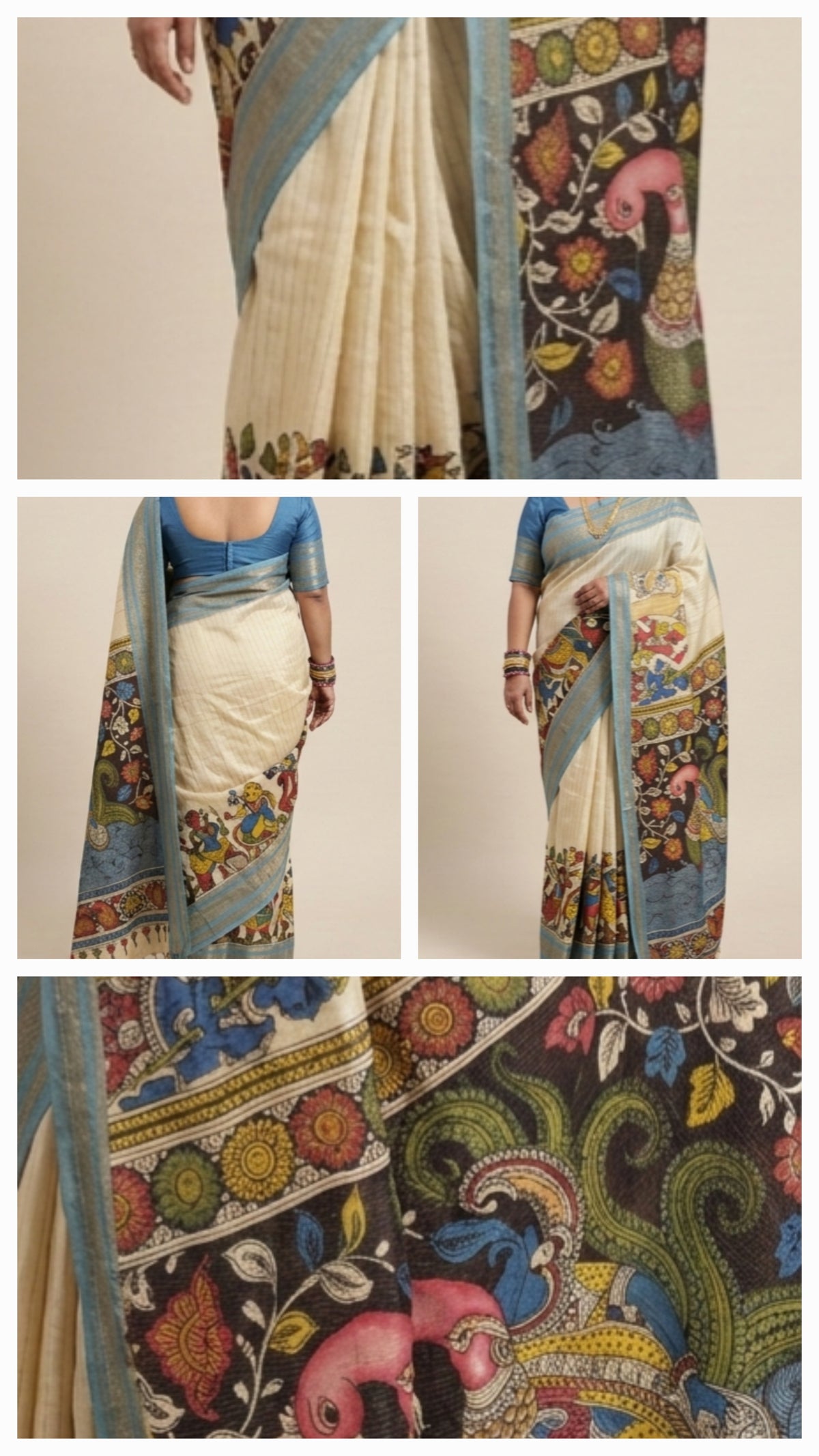 Fabric : Pen Kalamkari

Hand painted by artisans of Pedan, kalam kaari 

Sari with stiched blouse 

Kanchi border with vertical stripes sari